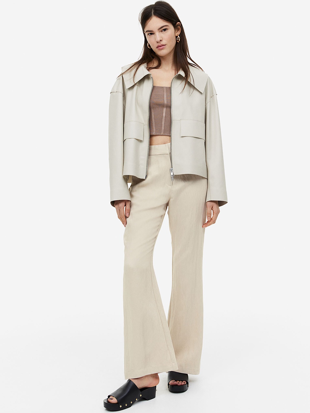 

H&M Women Flared Viscose Trousers, Beige