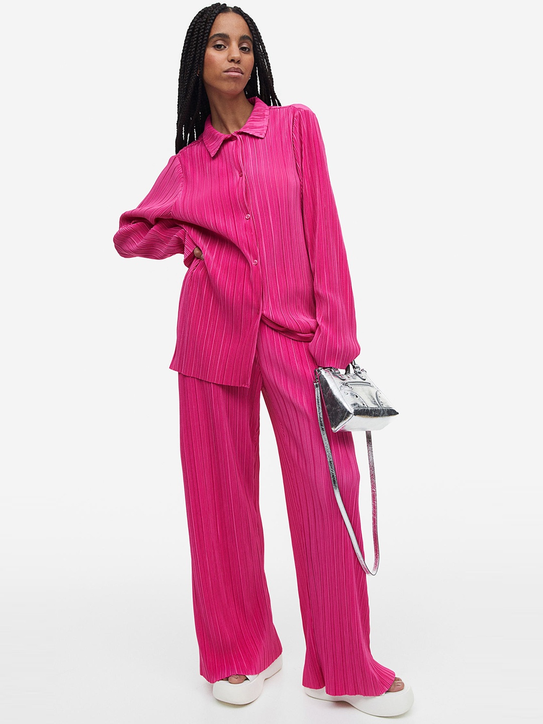

H&M Women Wide Pleated Jersey Trousers, Pink