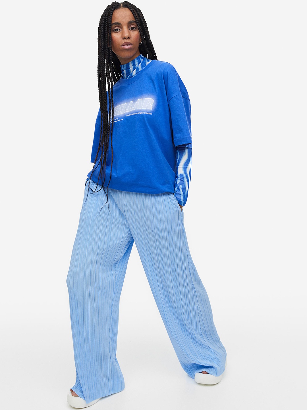 

H&M Women Wide Pleated Jersey Trousers, Blue