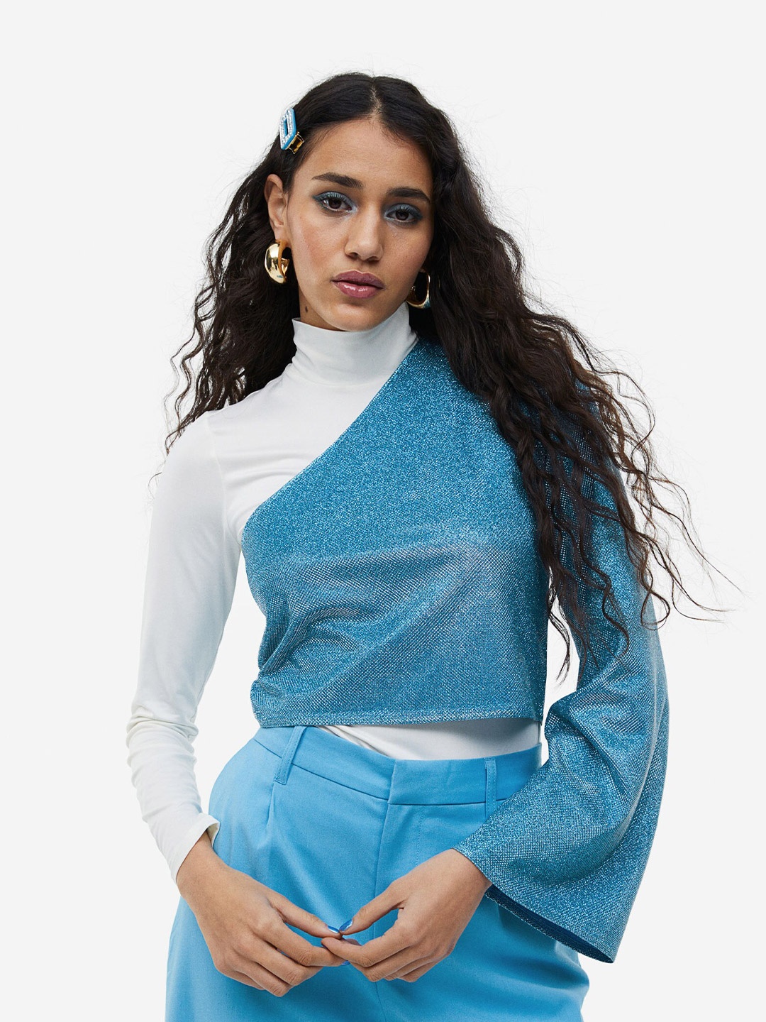 

H&M Glittery One-Shoulder Top, Blue