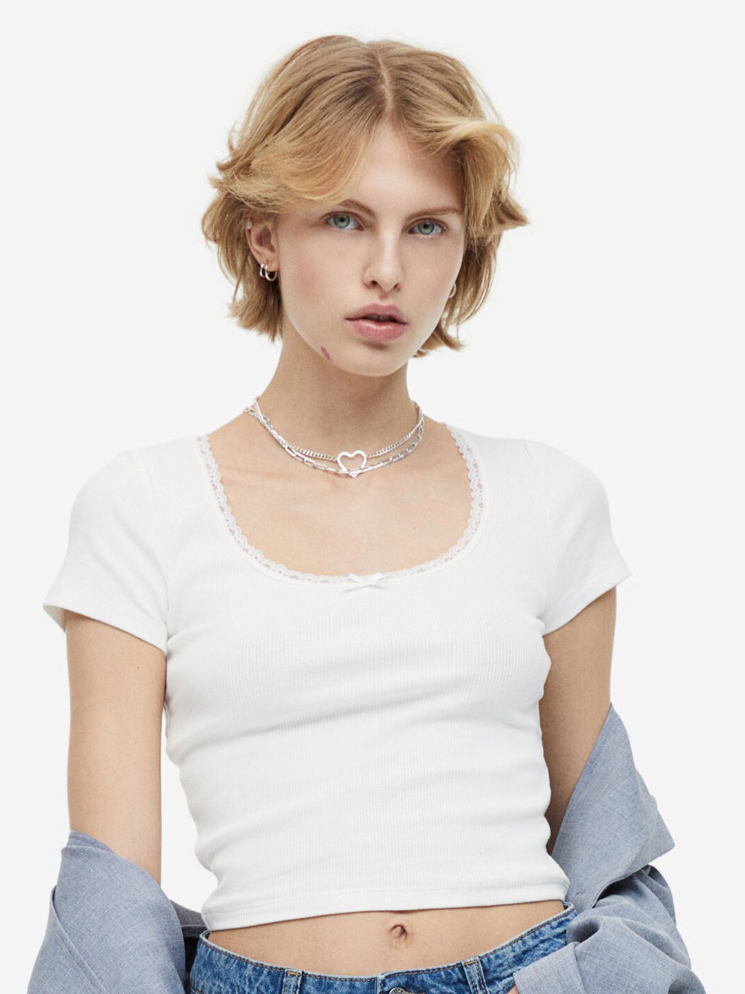 

H&M Lace-Trimmed Cotton Top, White