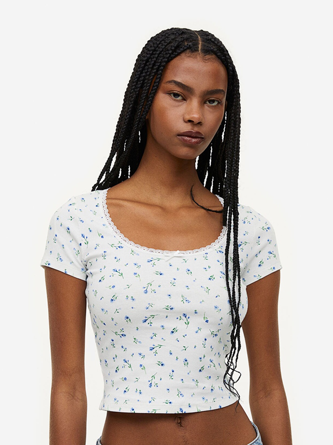 

H&M Lace-Trimmed Cotton Top, White