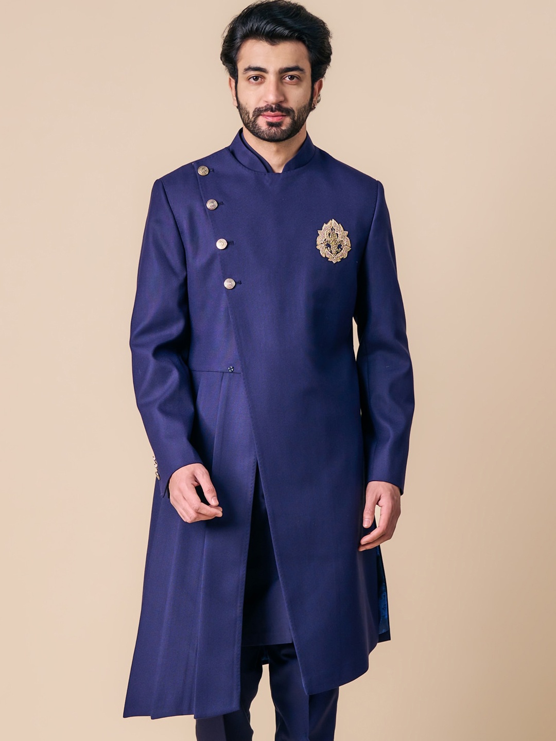 

Tasva Men Indo-Western Embroidered Mandarin Collar Angrakha Style Sherwani, Navy blue