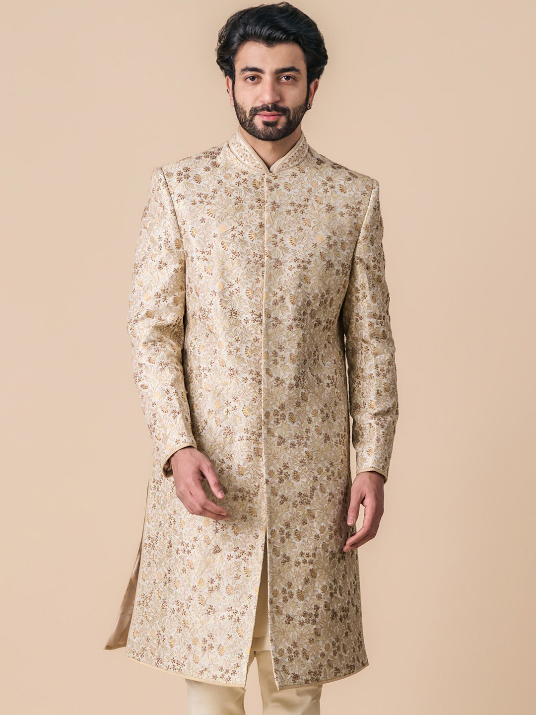 

Tasva Dori Floral Embroidered Mandarin Collar Zardozi Sherwani, Off white
