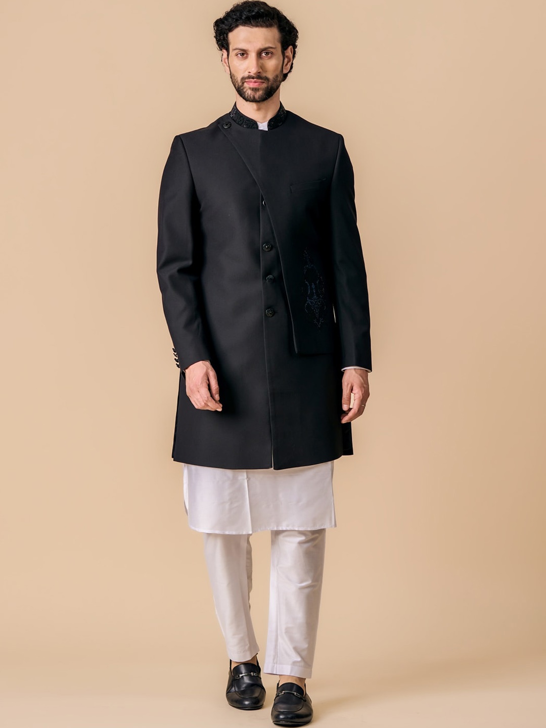 

Tasva Asymmetrical Layered Indo-Western Sherwani, Black