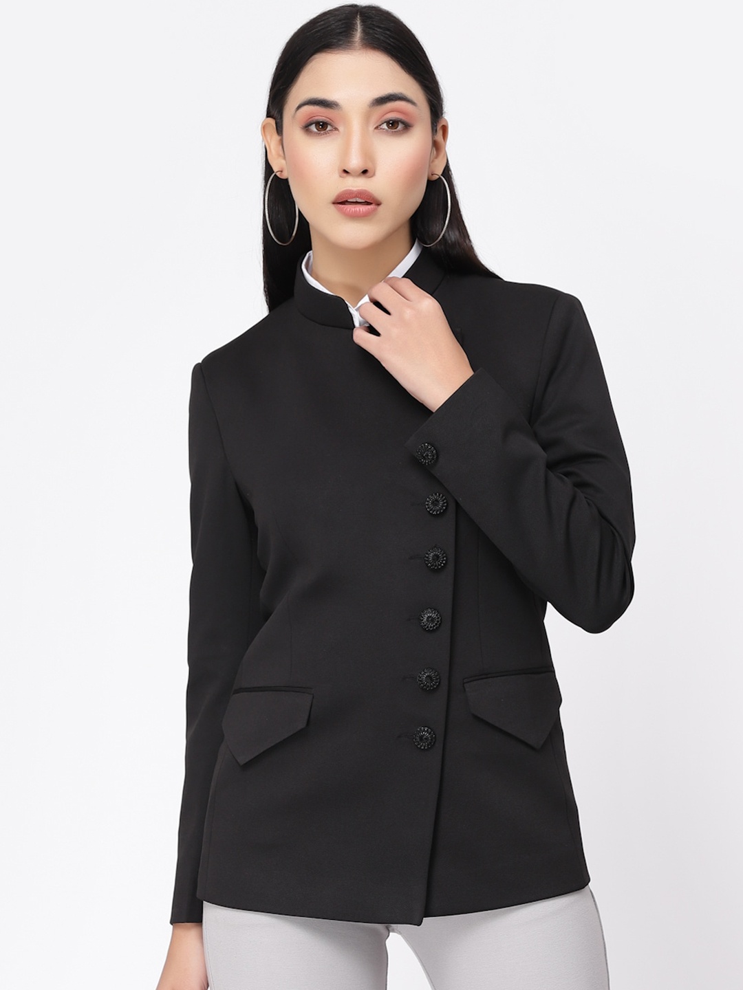 

KLOTTHE Women Acrylic Bandhagala Mandarin Collar Blazers, Black