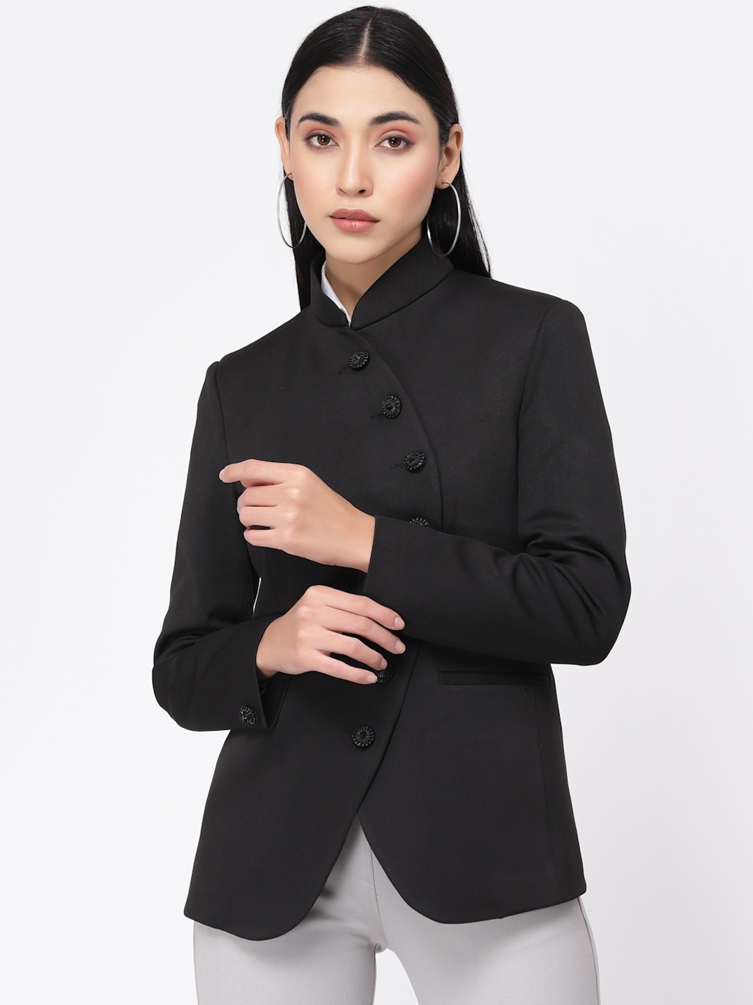 

KLOTTHE Acrylic Mandarin Collar Single-Breasted Bandhgala Formal Blazers, Black