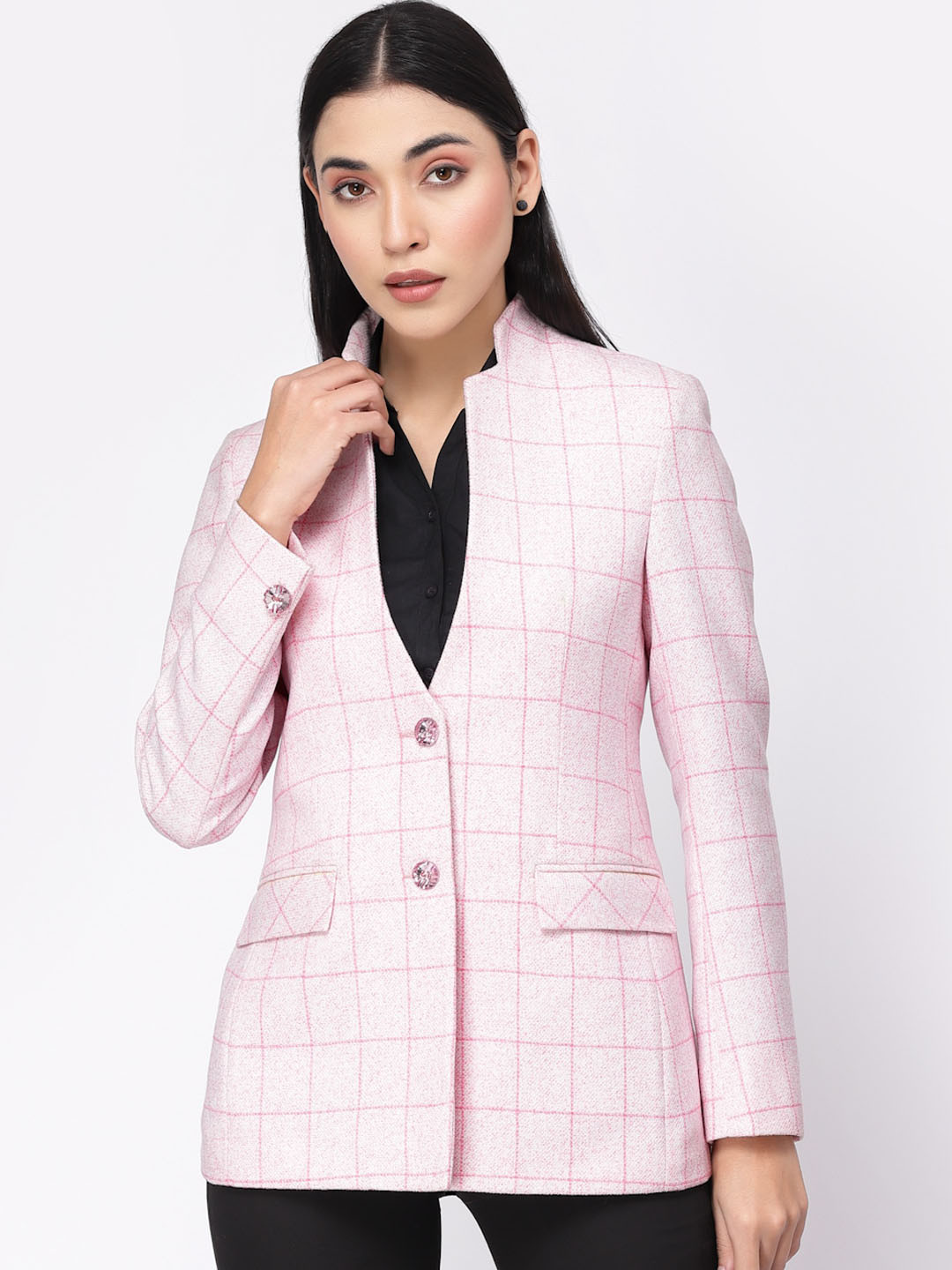 

KLOTTHE Checked Mandarin Collar Single-Breasted Formal Blazers, Pink