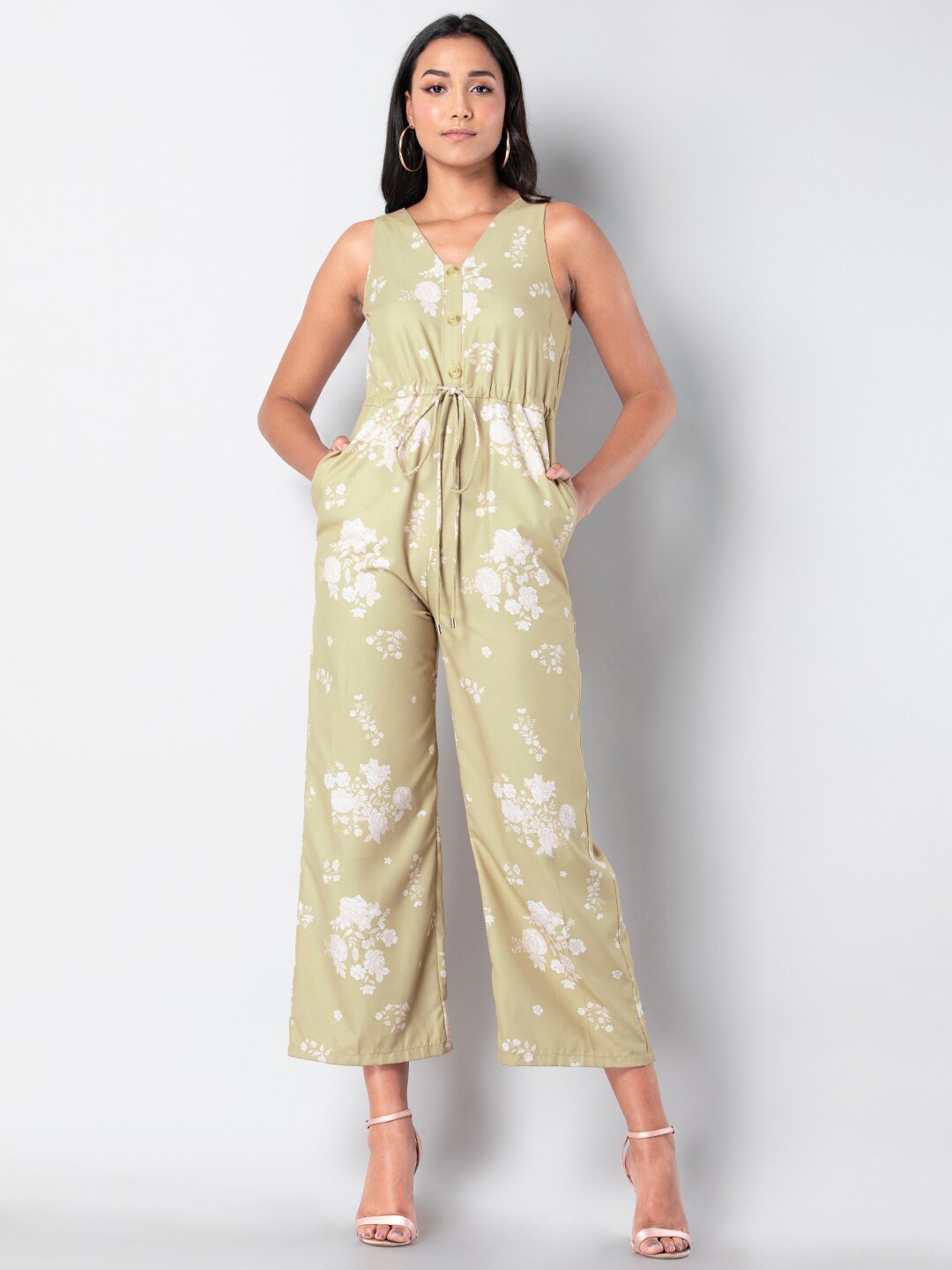 

FabAlley Floral Printed V-Neck Sleeveless Basic Jumpsuit, Green