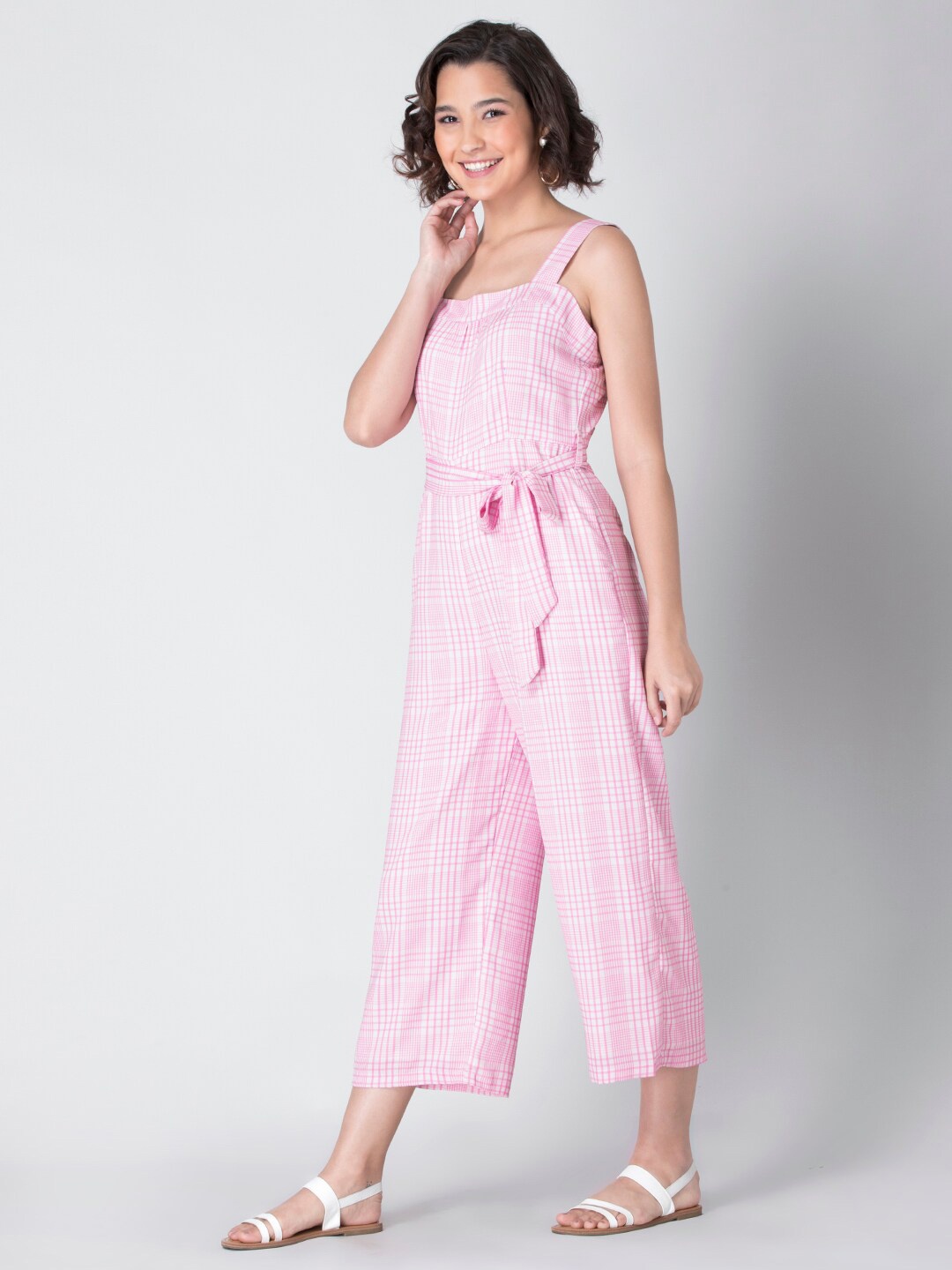 

FabAlley Checked Sleeveless Waist Tie-Ups Basic Jumpsuit, Pink