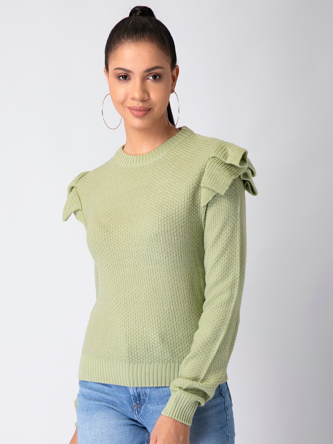 

FabAlley Ribbed Ruffles Pullover, Green