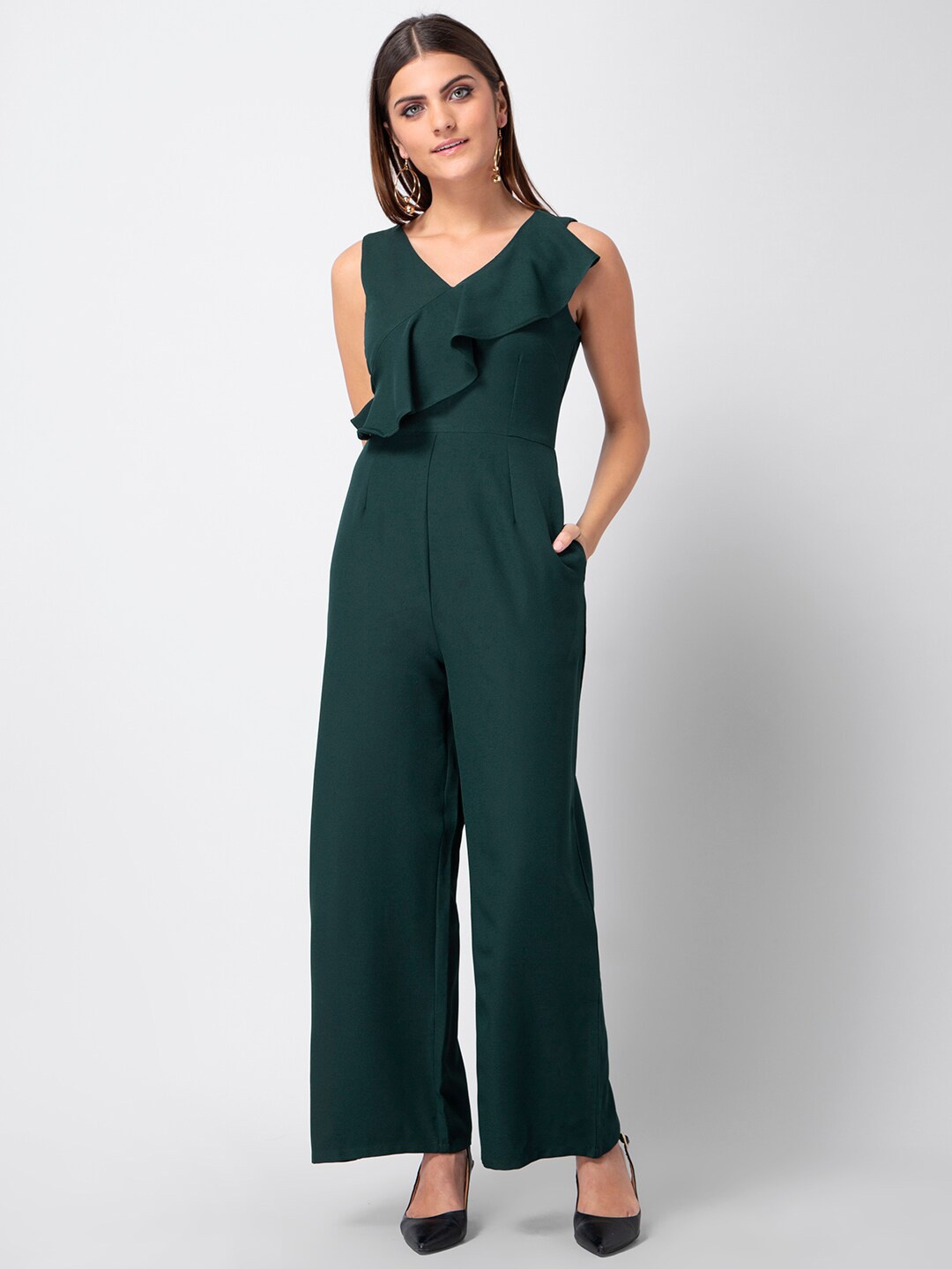 

FabAlley V-Neck Sleeveless Ruffles Details Basic Jumpsuit, Green