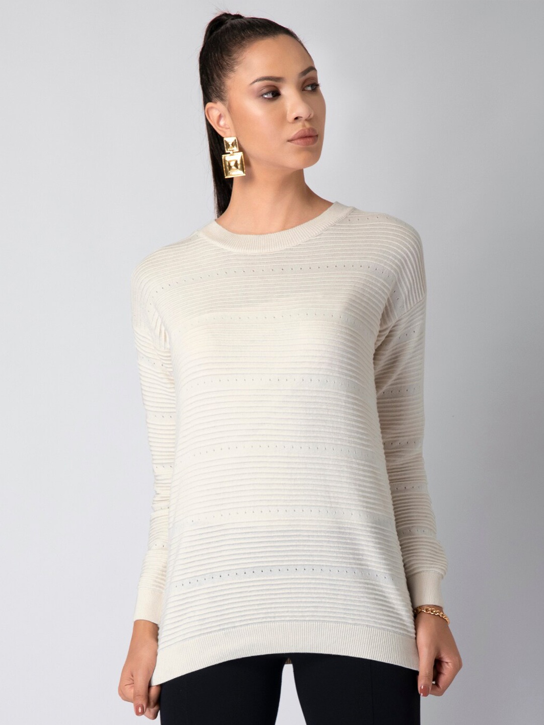 

FabAlley Striped Round Neck Cotton Pullover, White