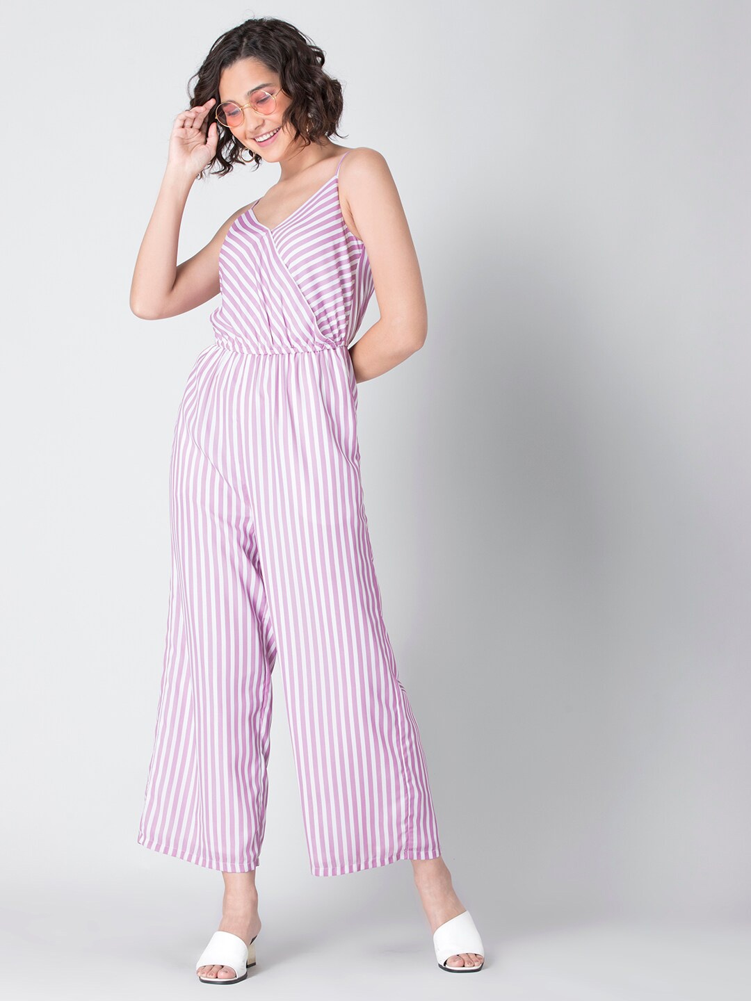 

FabAlley Striped Shoulder Straps Basic Jumpsuit, White