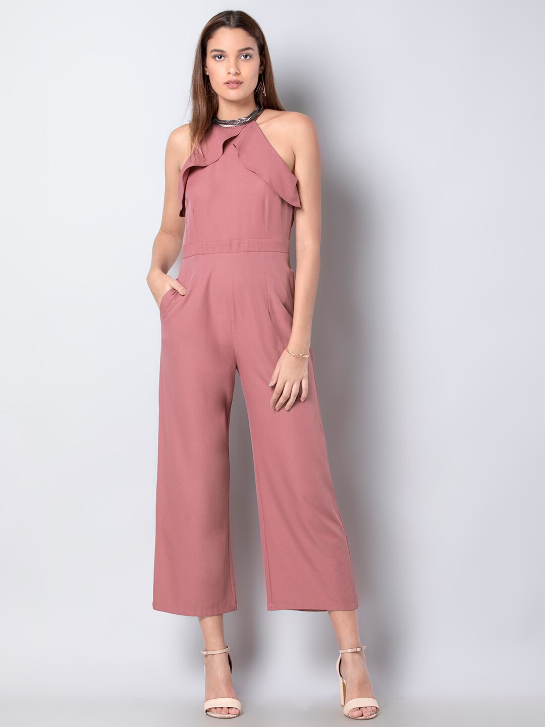 

FabAlley Jewel Neck Sleeveless Ruffles Details Culottes Jumpsuit, Pink