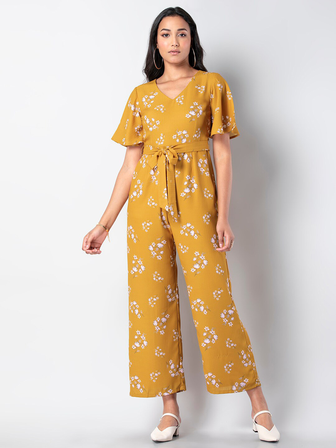 

FabAlley Floral Printed Flared Sleeves V-Neck Basic Jumpsuit, Yellow