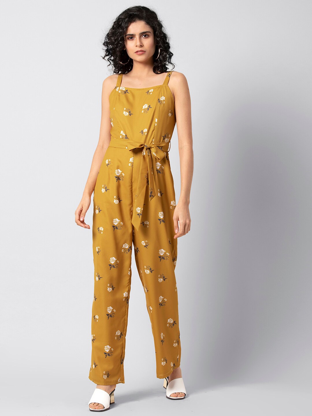 

FabAlley Floral Printed Shoulder Straps Belted Basic Jumpsuit, Yellow