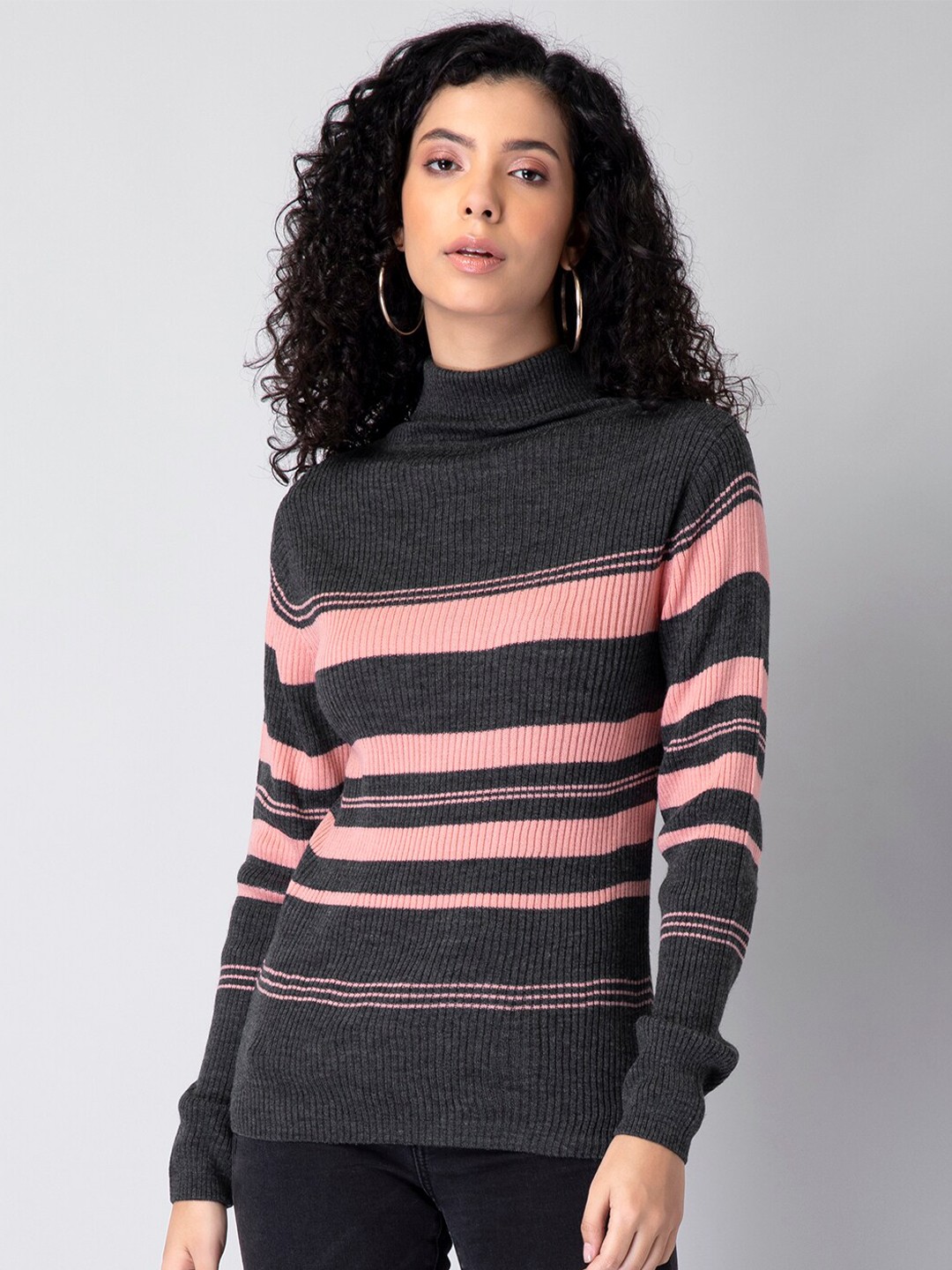 

FabAlley Striped Turtle Neck Acrylic Pullover, Grey