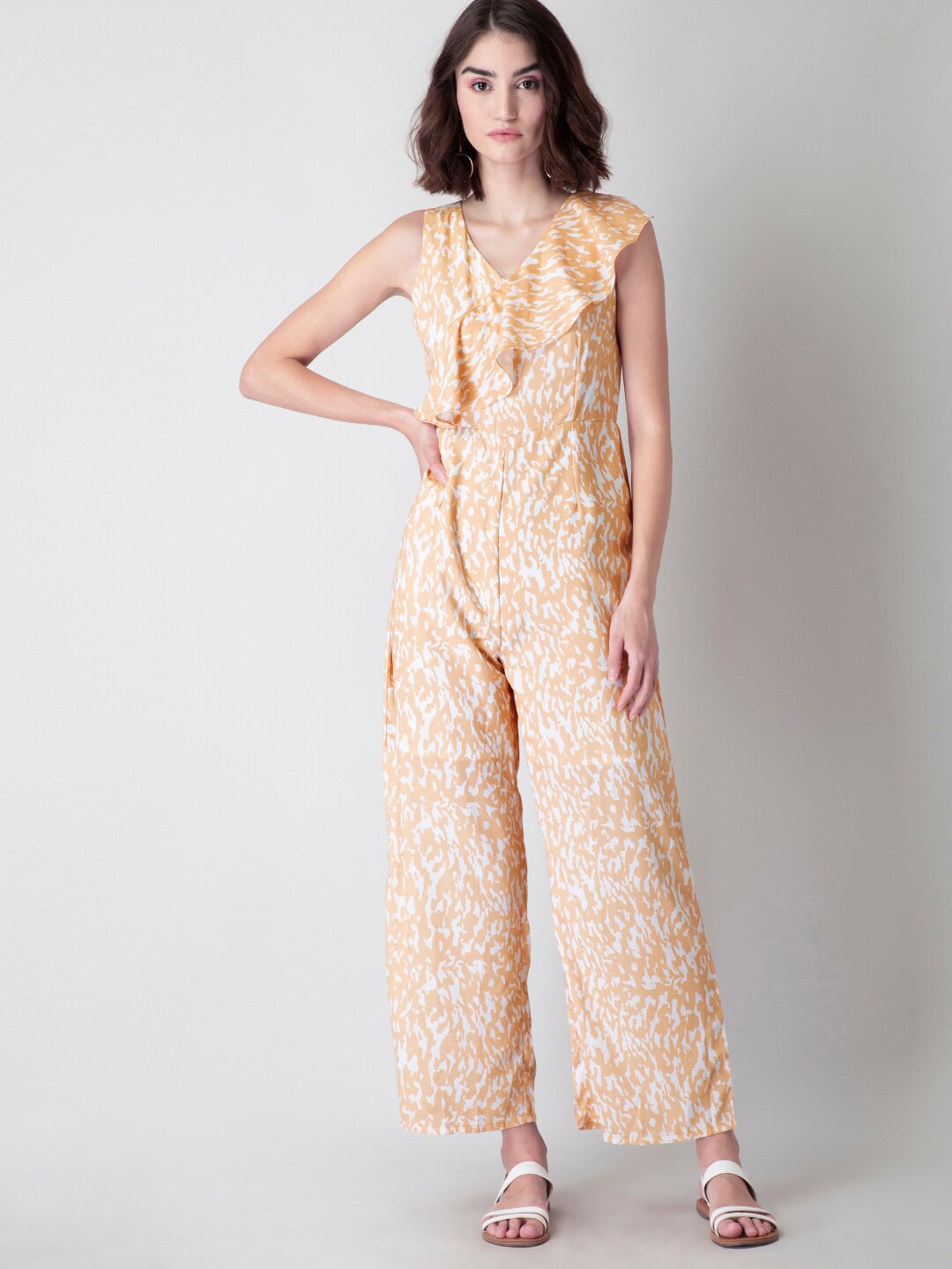 

FabAlley Abstract Printed V-Neck Ruffles Style Basic Jumpsuit, Beige
