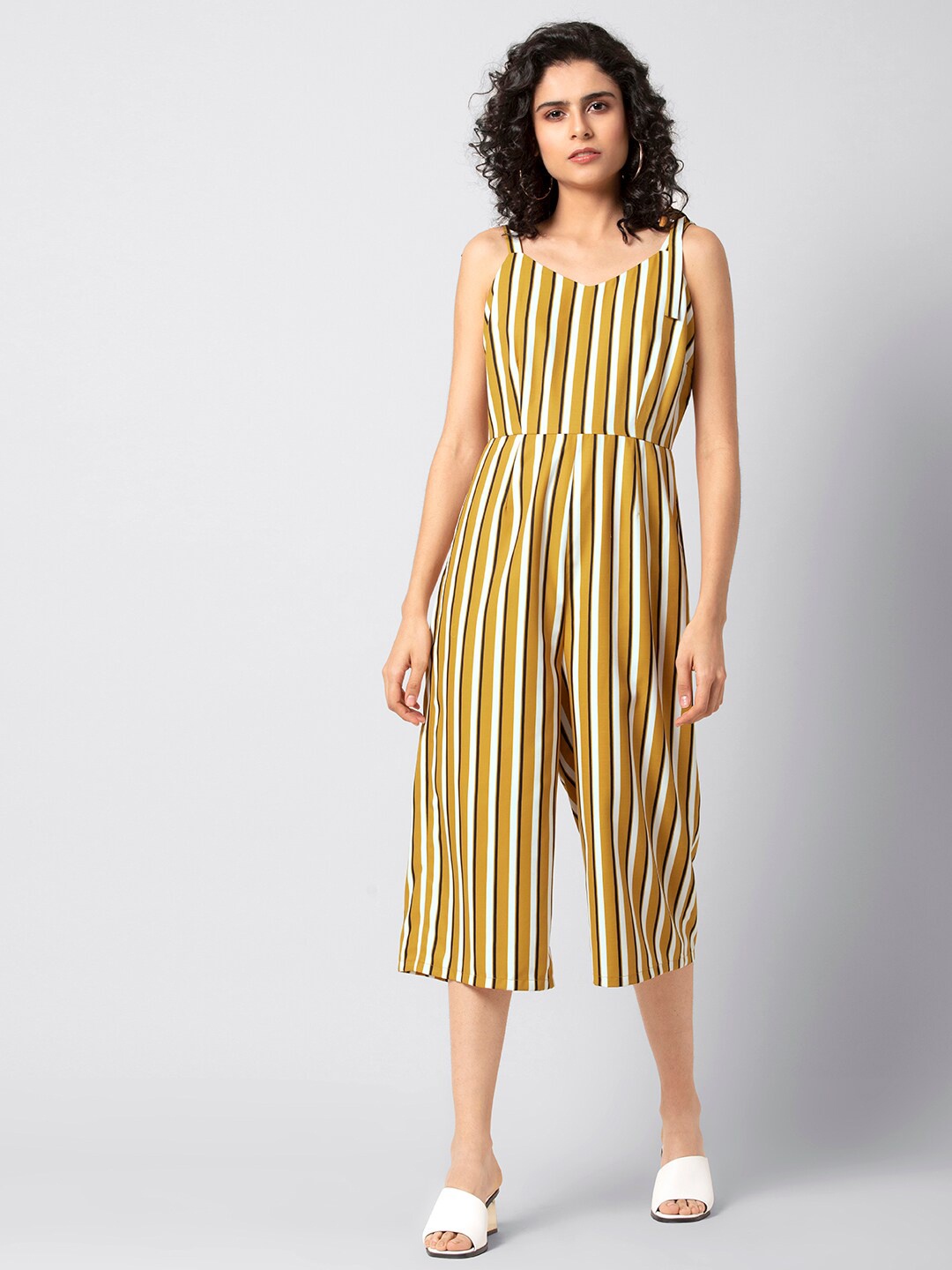 

FabAlley Striped Shoulder Straps Capri Jumpsuit, Yellow