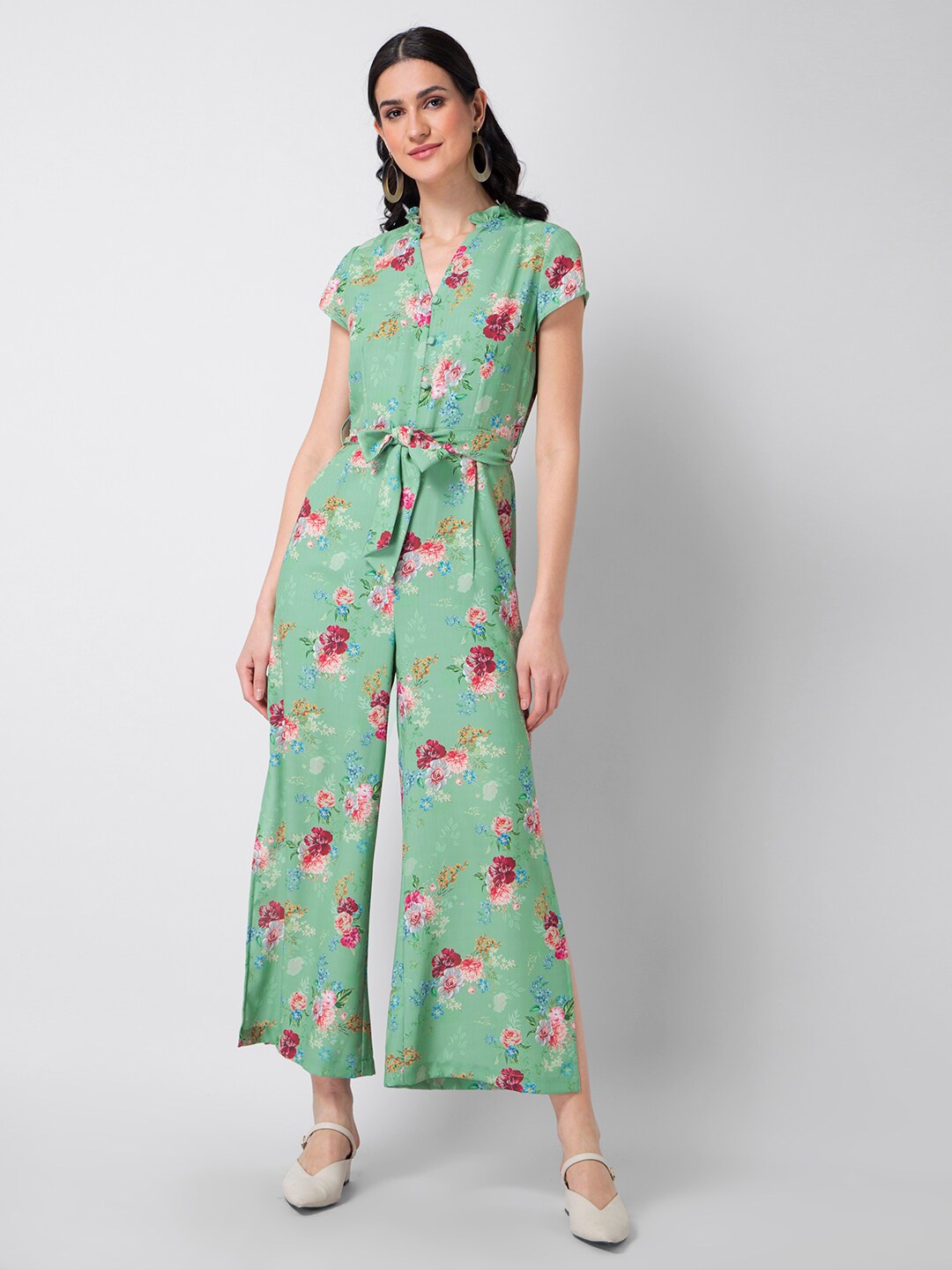 

FabAlley Floral Printed Mandarin Collar Basic Jumpsuit, Green