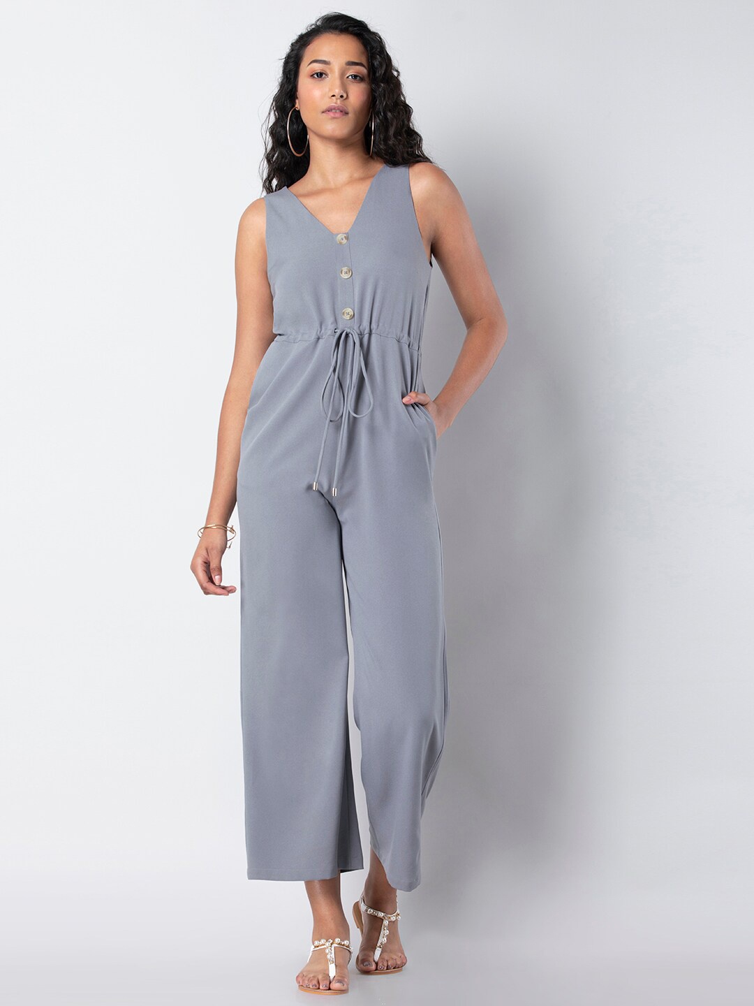 

FabAlley V-Neck Waist Tie Ups Basic Jumpsuit, Grey