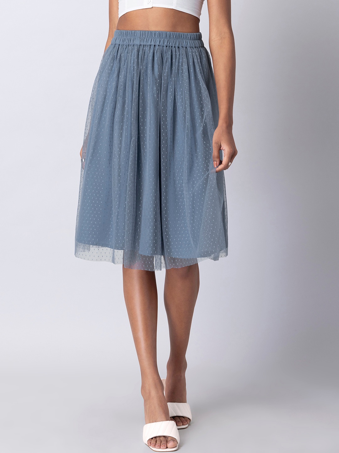 

FabAlley Self Design Flared Midi Skirt, Blue
