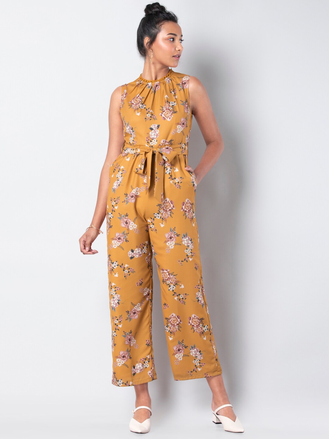 

FabAlley Floral Printed Round Neck Sleeveless Basic Jumpsuit, Yellow