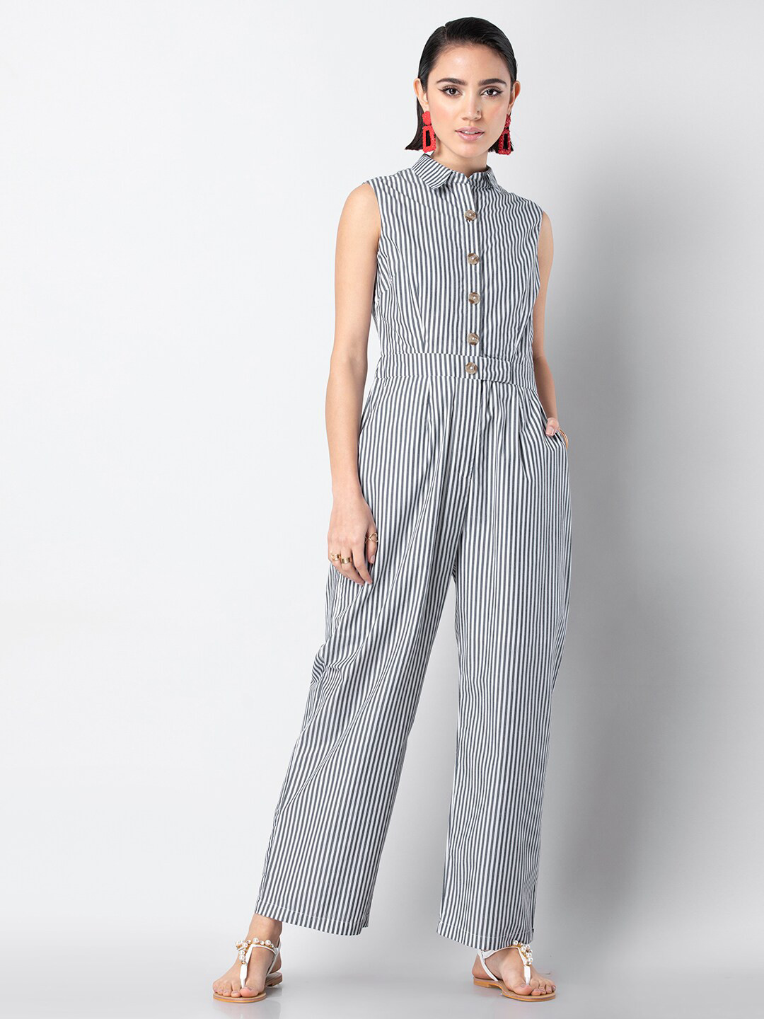

FabAlley Striped Shirt Collar Sleeveless Pure Cotton Basic Jumpsuit, Black