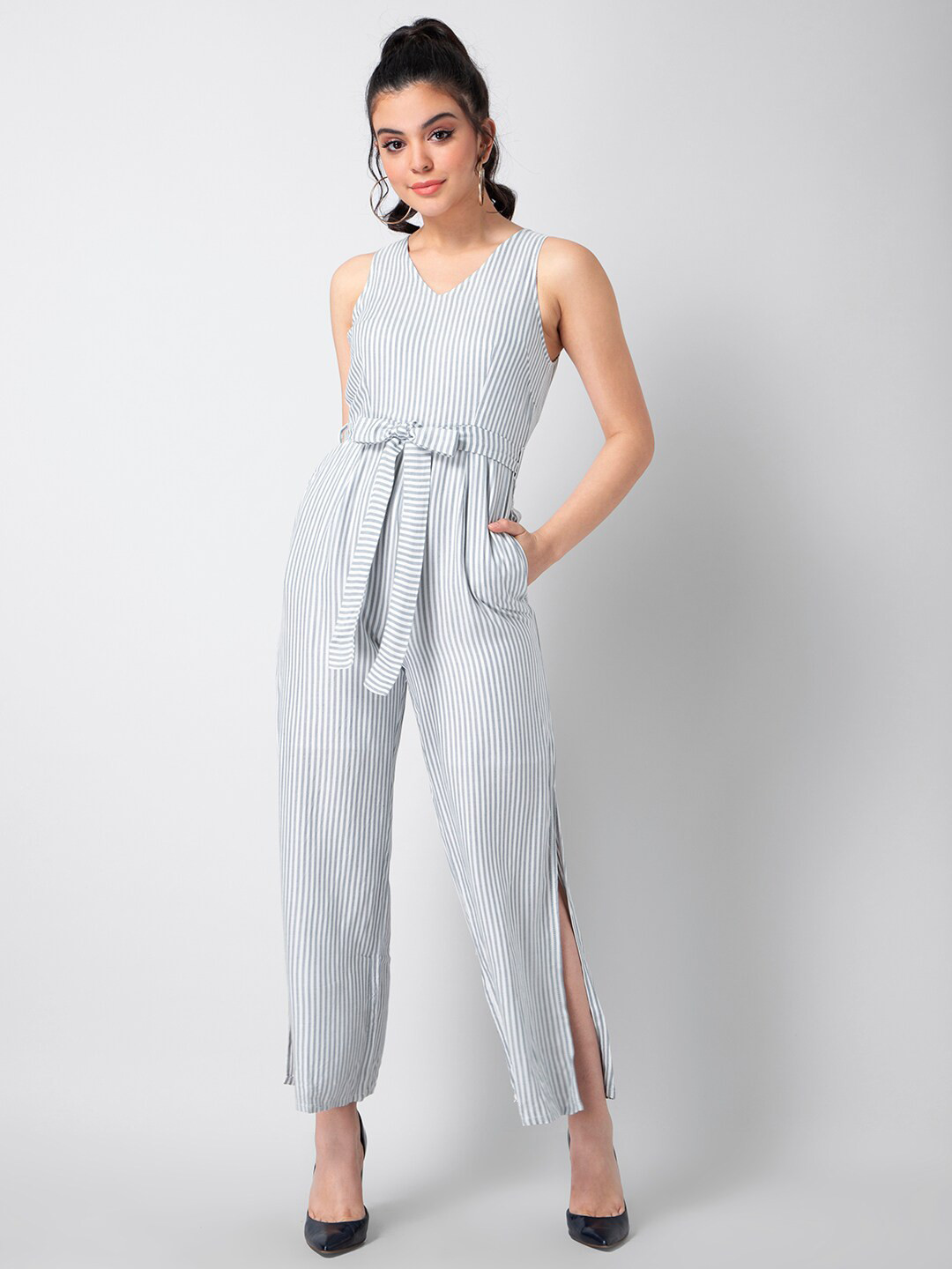 

FabAlley Striped V-Neck Side Slits Pure Cotton Basic Jumpsuit, White