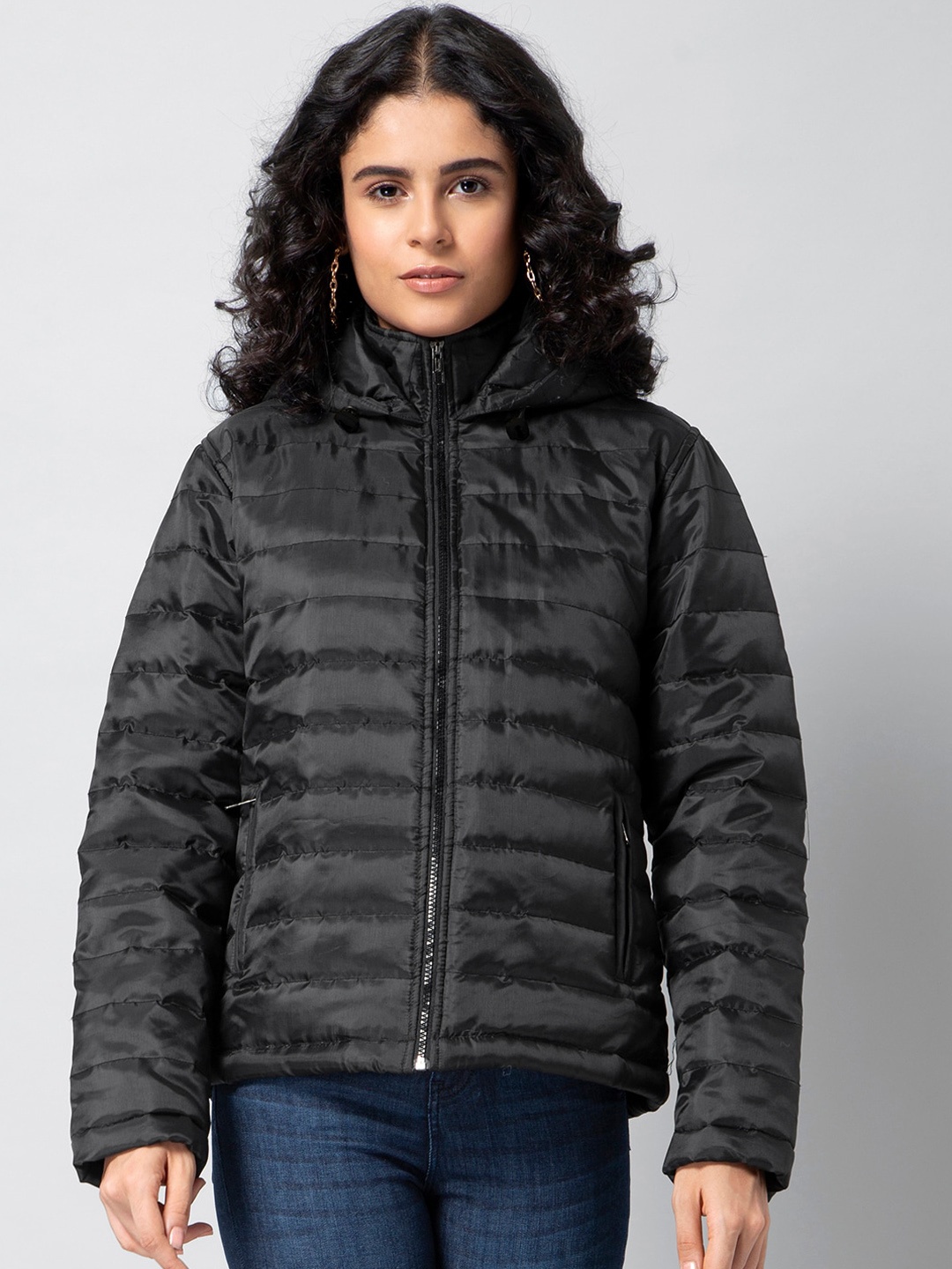 

FabAlley Women Long Sleeves Zippered Puffer Jacket, Black