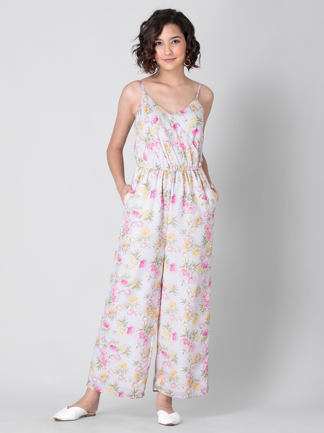 

FabAlley Floral Printed Shoulder Straps Waisted Basic Jumpsuit, White