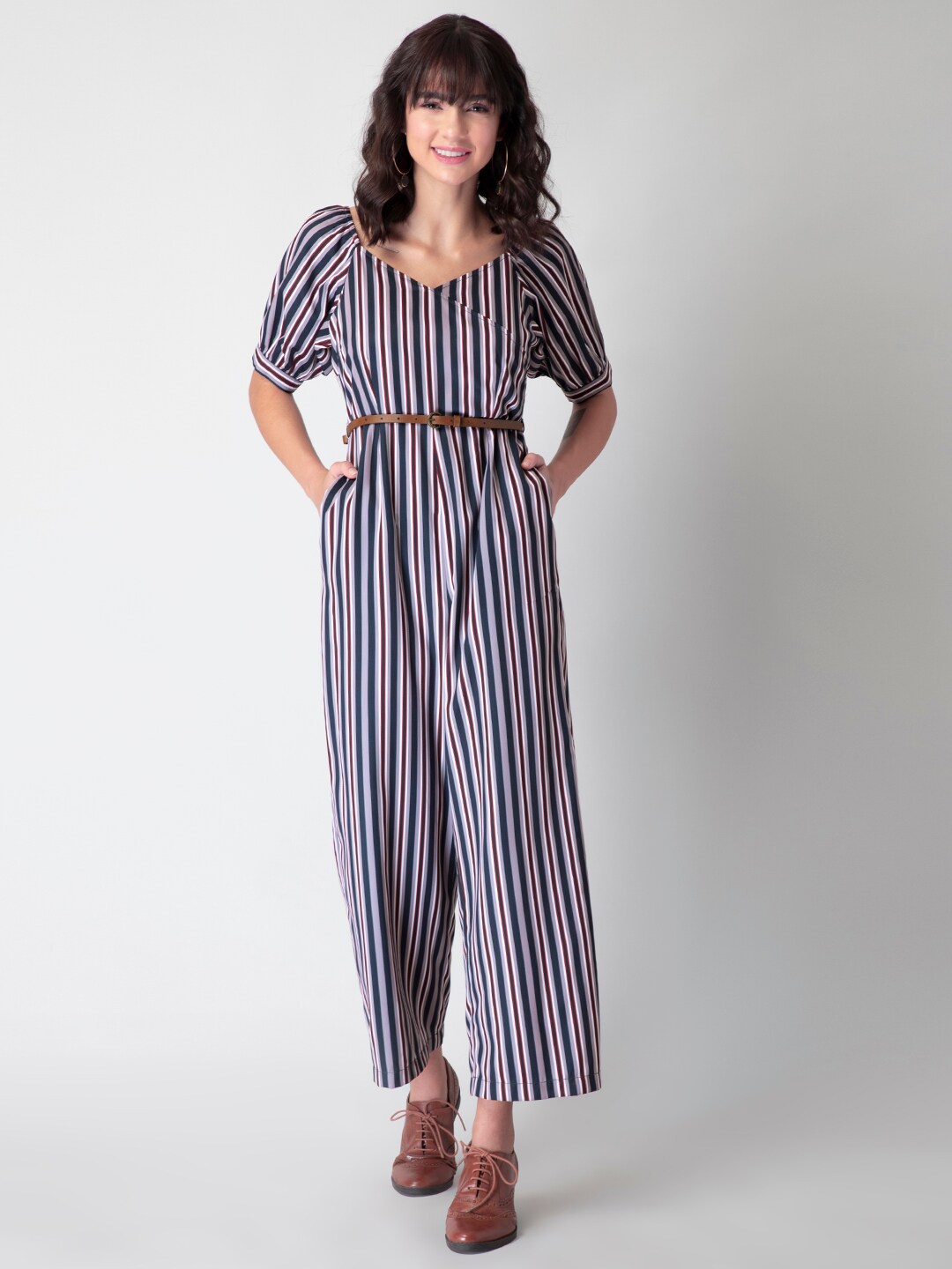 

FabAlley Striped V-Neck Puff Sleeves Basic Jumpsuit, Blue