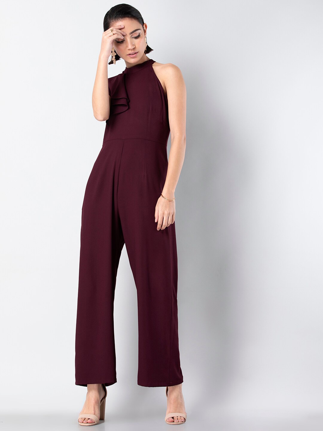 

FabAlley Round Neck Ruffle Style Basic Jumpsuit, Burgundy