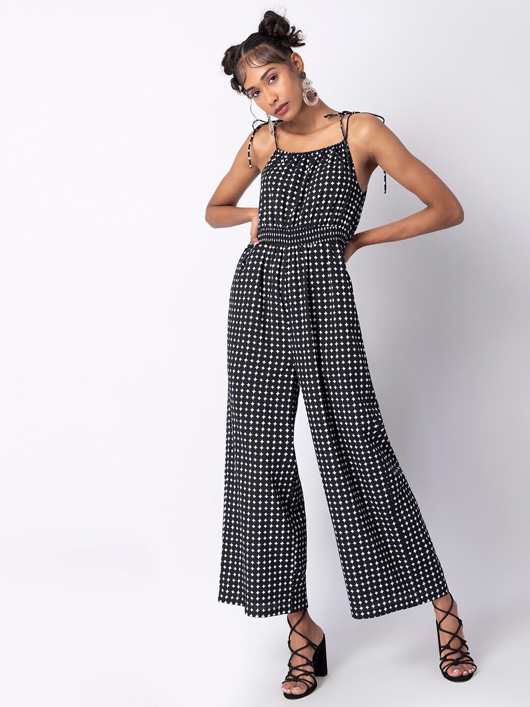 

FabAlley Polka Dot Printed Shoulder Straps Basic Jumpsuit, Black