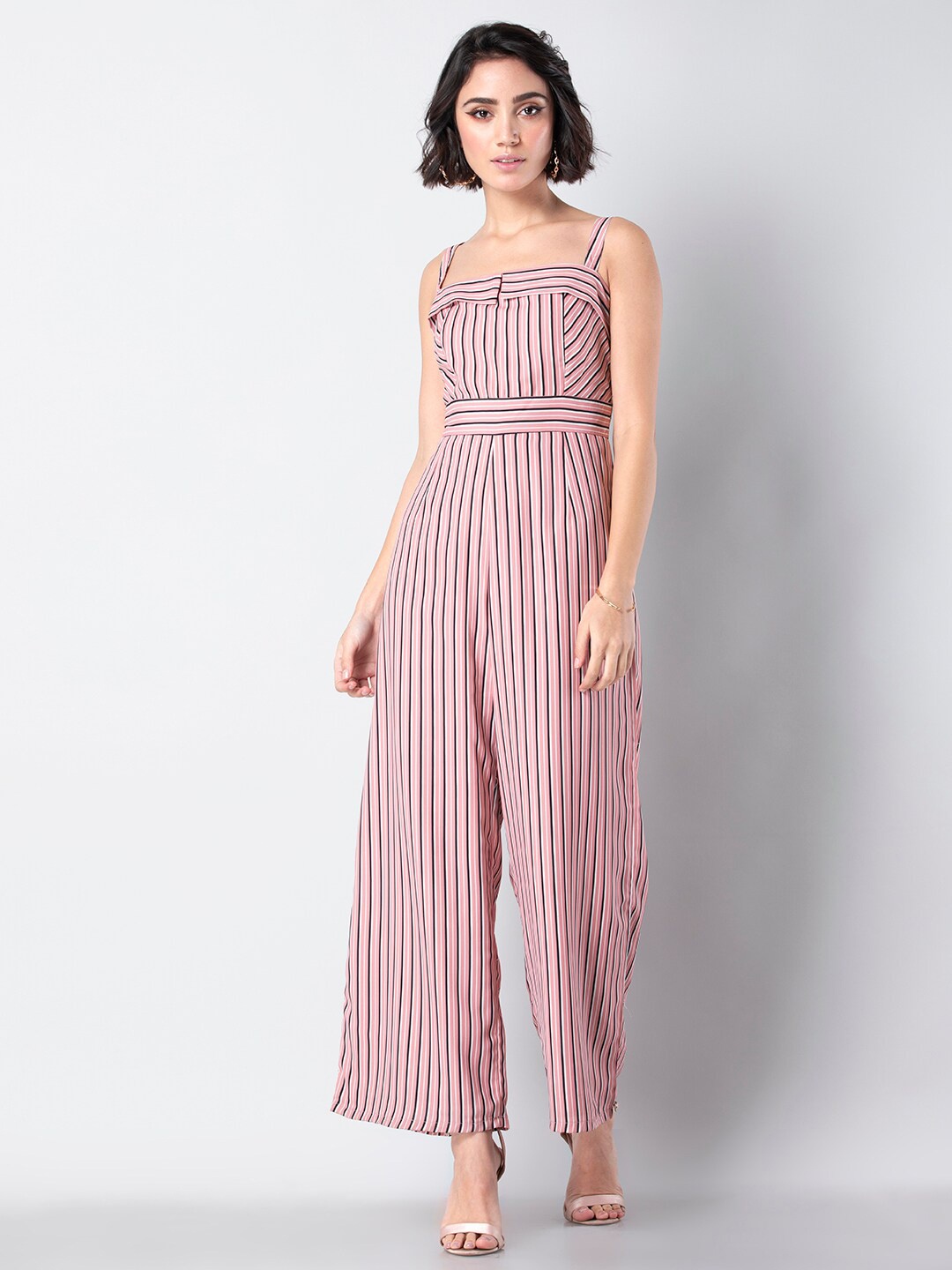 

FabAlley Striped Shoulder Straps Jumpsuit, Pink