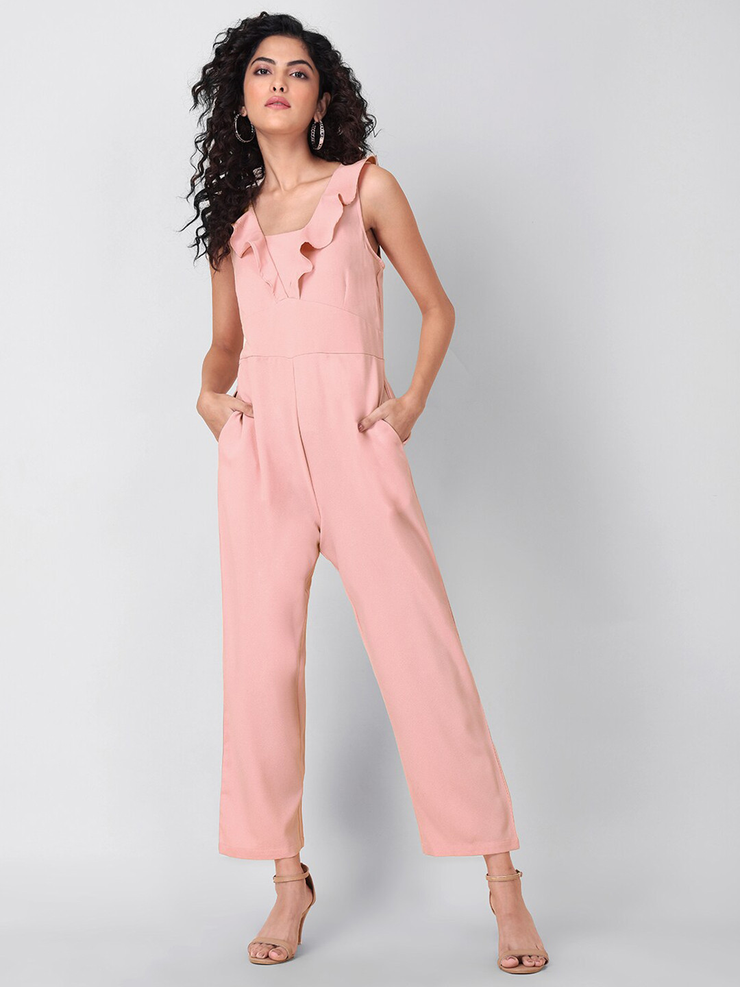

FabAlley V-Neck Basic Jumpsuit with Ruffles, Pink