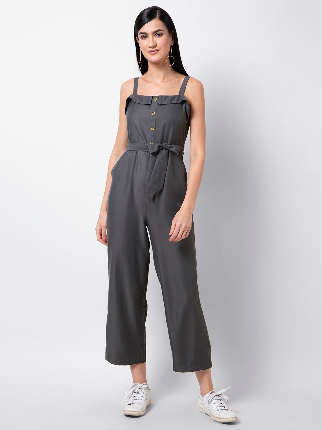 

FabAlley Shoulder Straps Waist Tie-Ups Pure Cotton Basic Jumpsuit, Grey