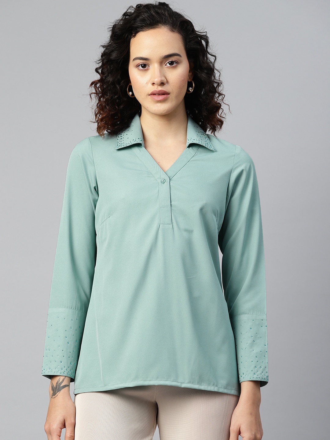 

plusS Embellished Casual Shirt, Sea green