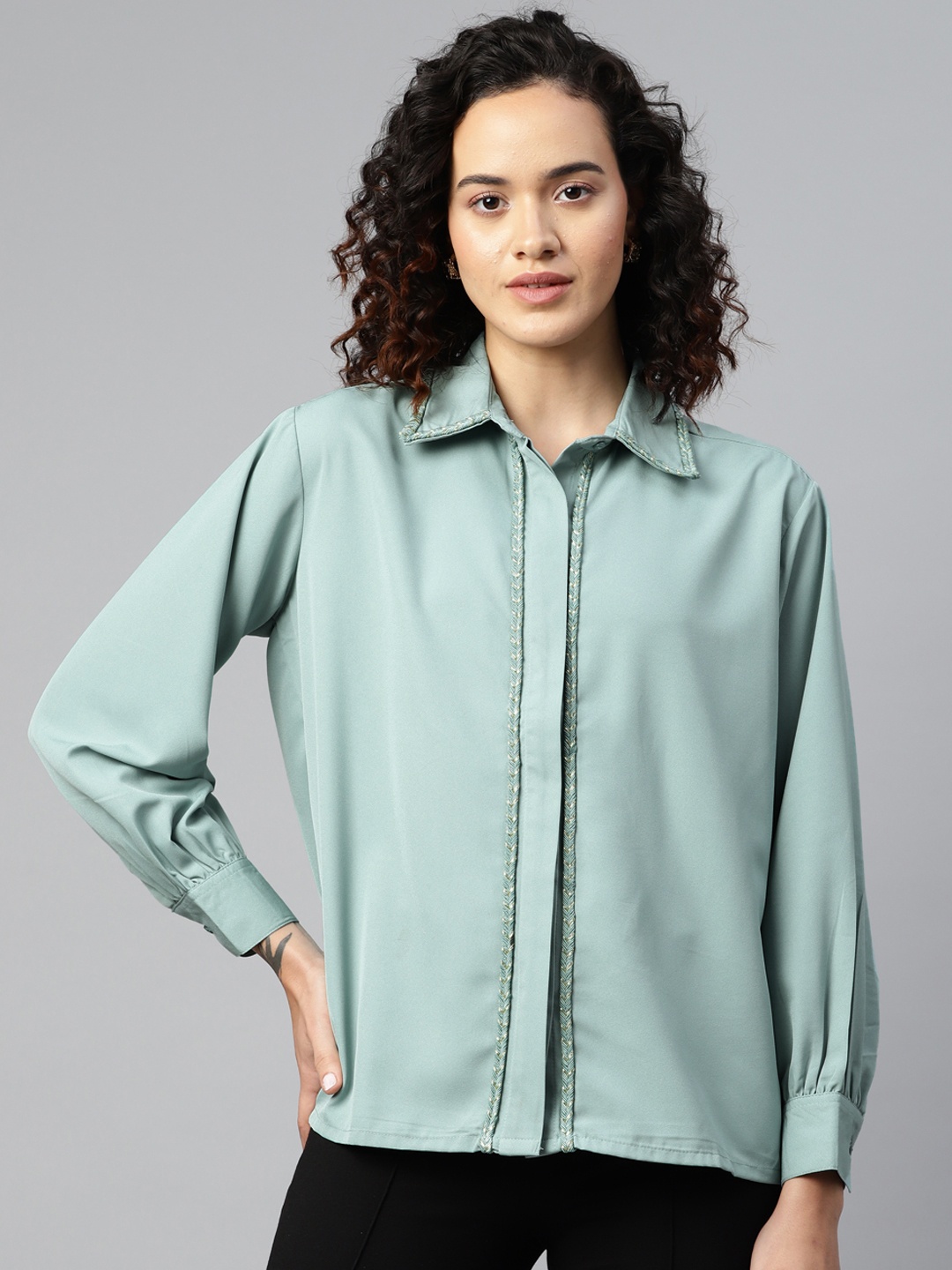 

plusS Embellished Casual Shirt, Sea green