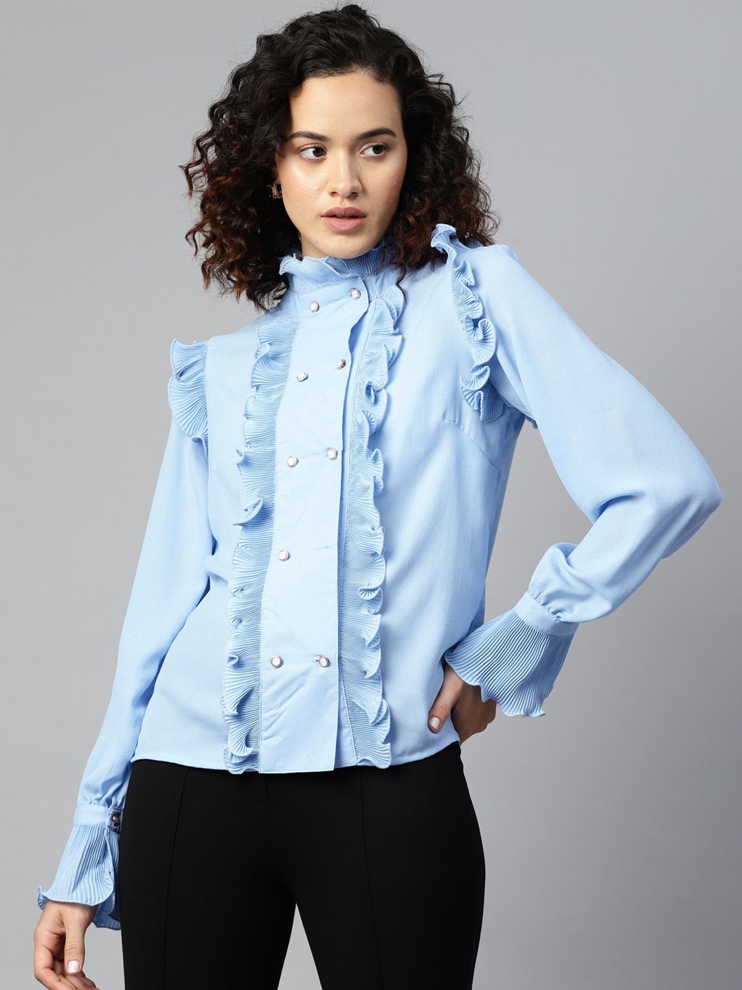 

plusS Ruffled Casual Shirt, Blue