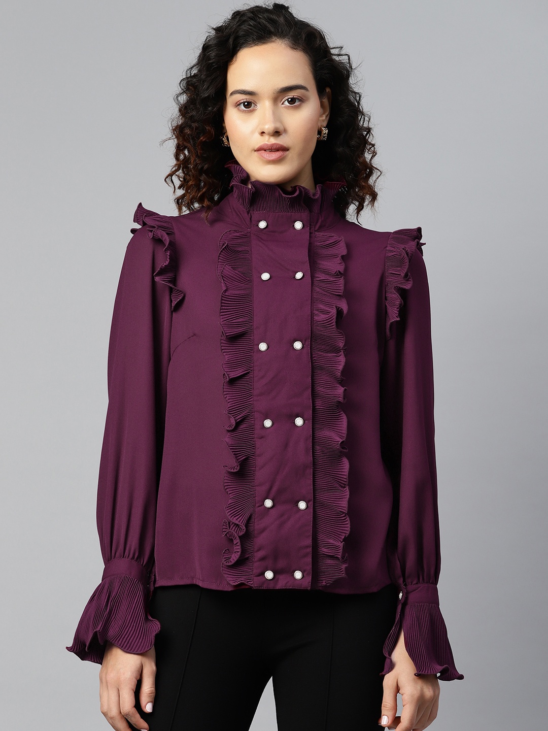 

plusS Ruffled Casual Shirt, Burgundy