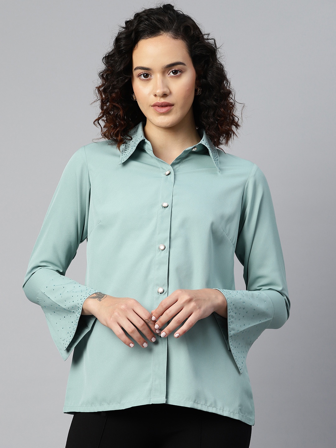 

plusS Embellished Casual Shirt, Sea green