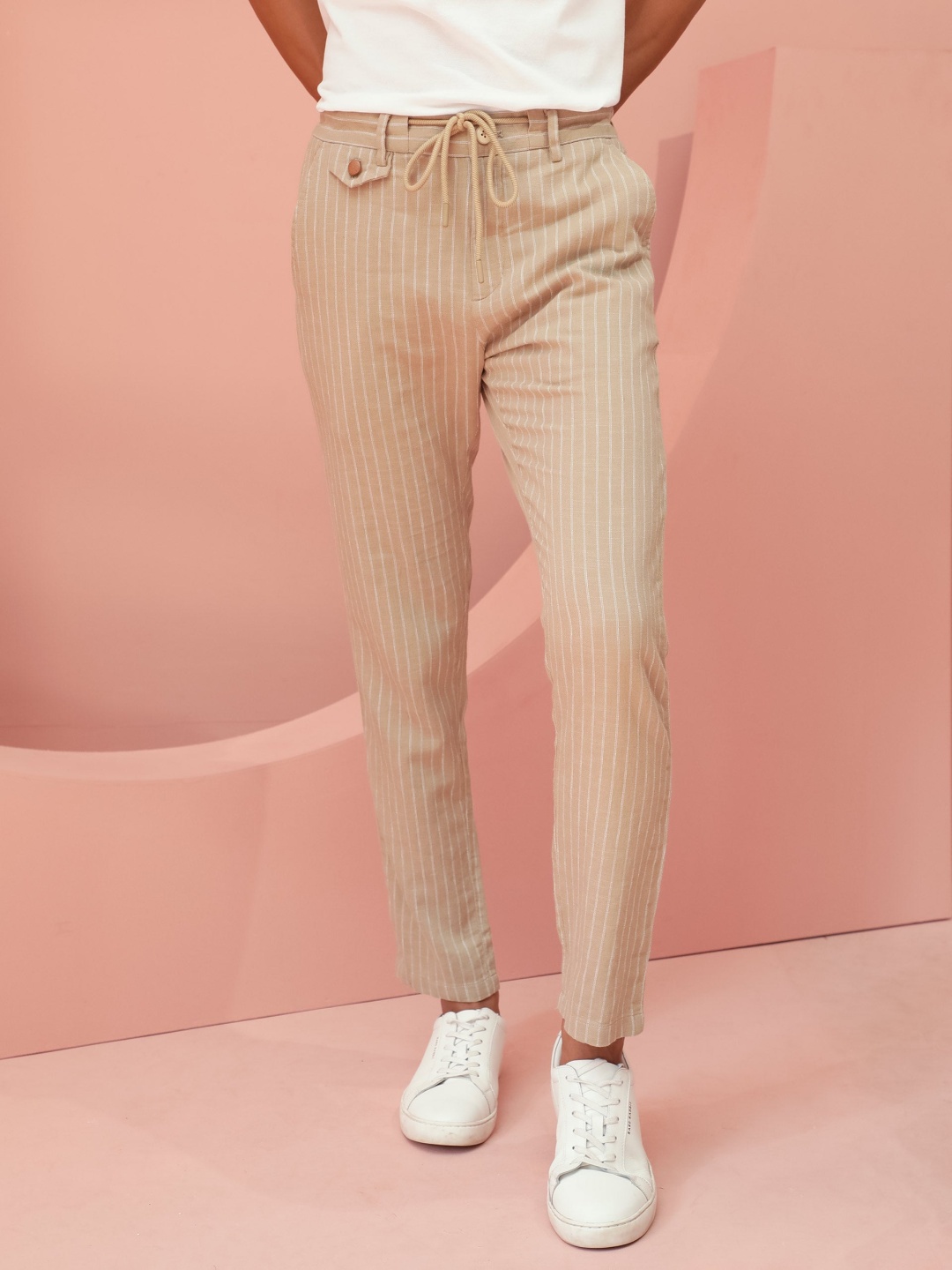 

RARE RABBIT Men Striped Slim Fit Cotton Trousers, Beige