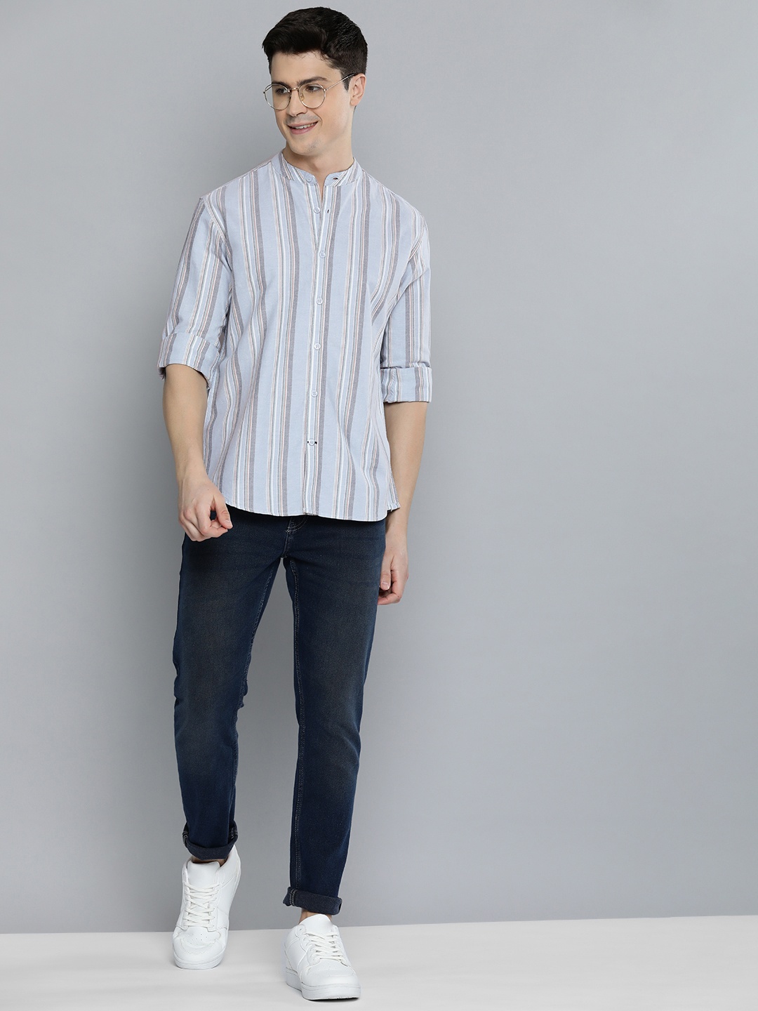 

Mast & Harbour Men Standard Striped Casual Shirt, Grey
