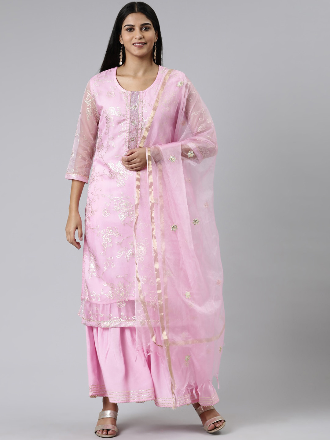 

Neerus Floral Printed Chanderi Cotton Kurta with Palazzos & With Dupatta, Pink