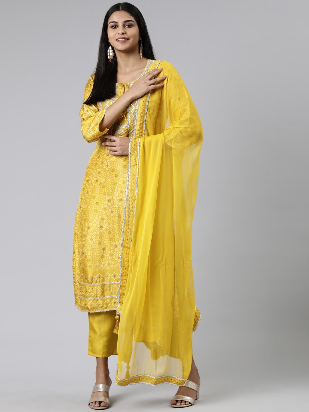 

Neerus Ethnic Motifs Printed Kurta with Trousers & With Dupatta, Mustard
