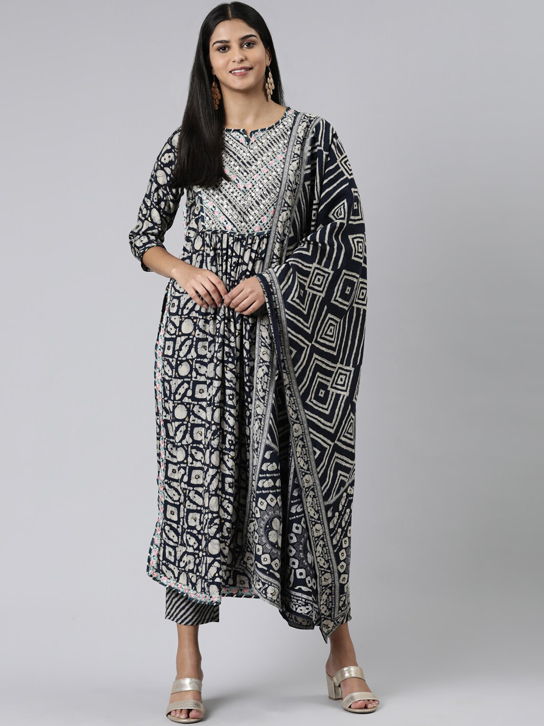 

Neerus Printed Mirror Work Kurta & Trousers With Dupatta, Navy blue