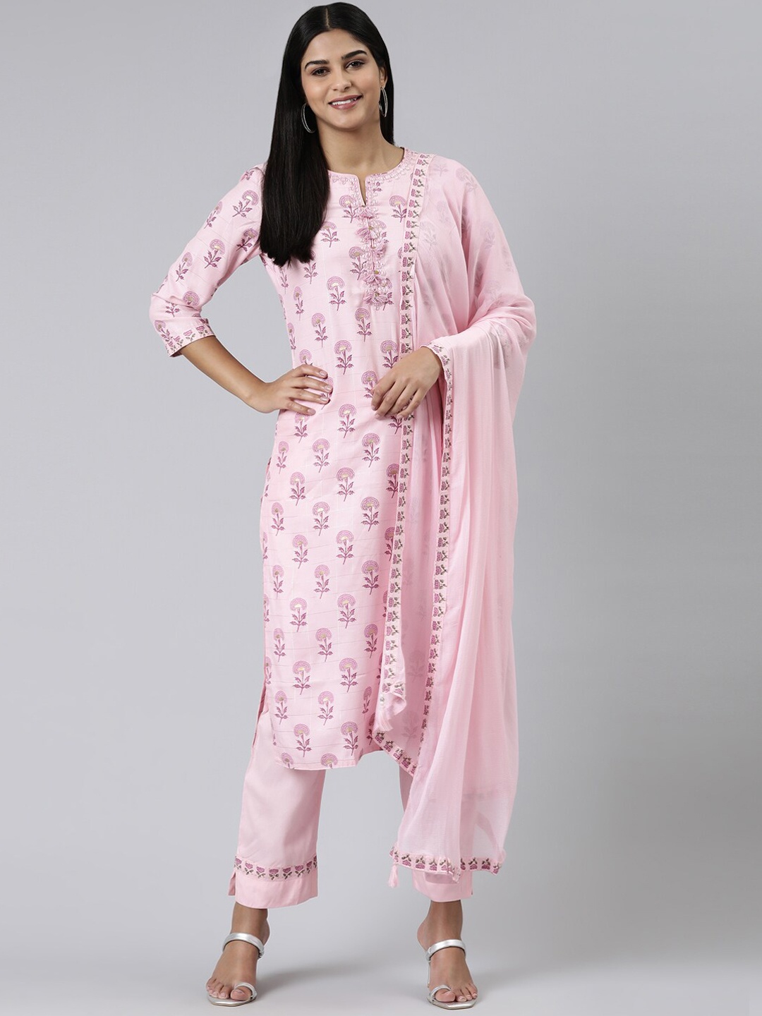 

Neerus Floral Printed Kurta & Trousers With Dupatta, Pink