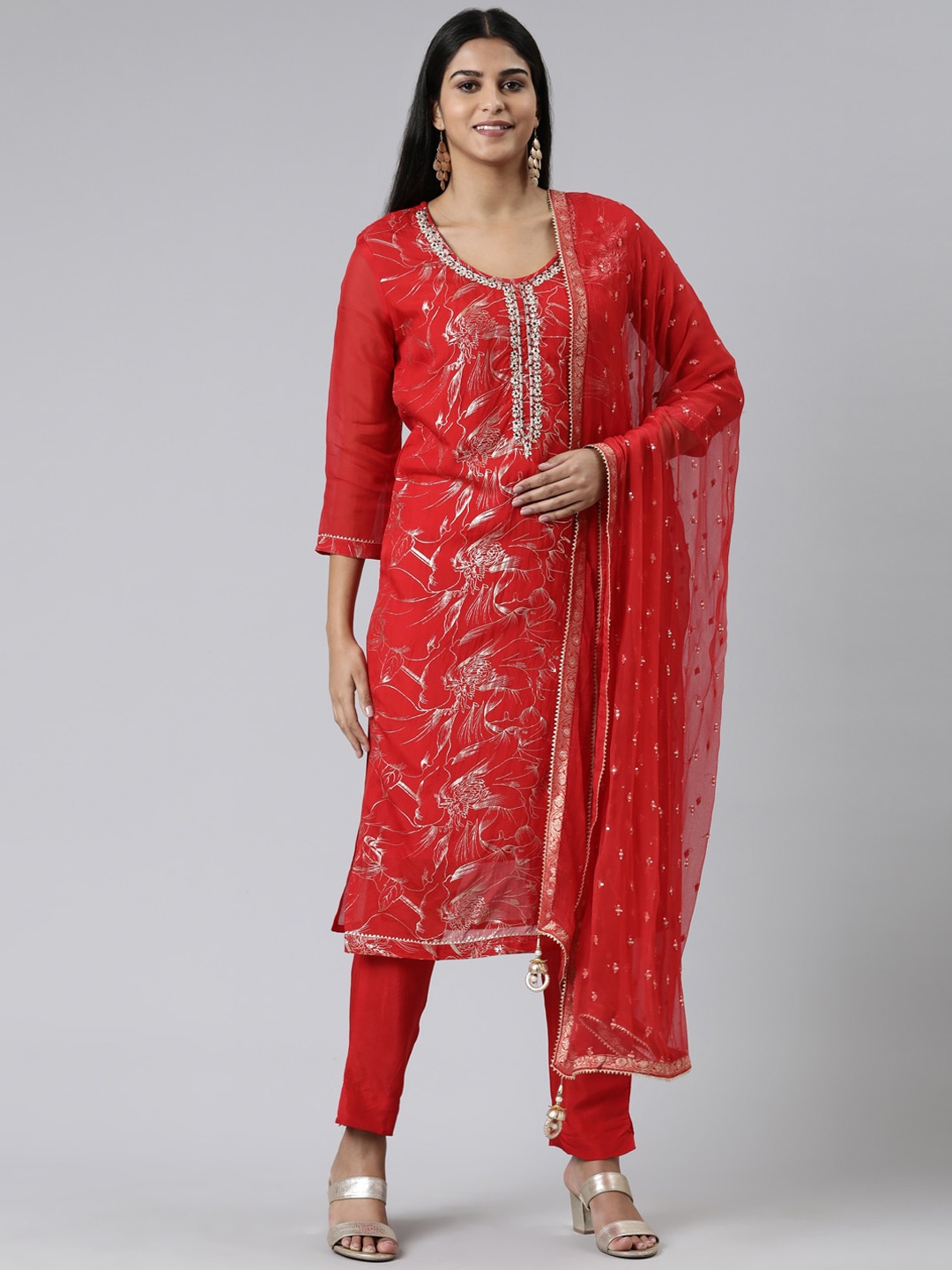 

Neerus Floral Printed Beads and Stones Chanderi Cotton Kurta with Trousers & With Dupatta, Red